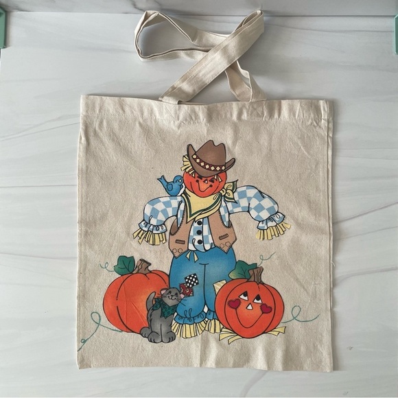 Daisy Kingdom Handmade Vintage Halloween Scarecrow and Pumpkin Tote Bag - Picture 1 of 4